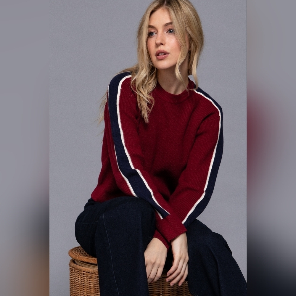 Burgandy Collegiate Coastal Crew Neck Knit Sweater